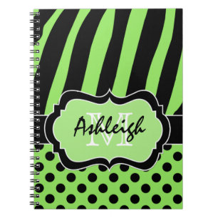 Personalised Green White Black Striped Polka Dots Spiral Notebook