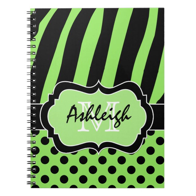 Personalised Green White Black Striped Polka Dots Spiral Notebook (Front)