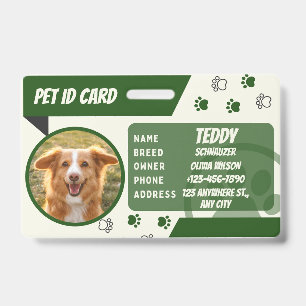Personalised Green White Dog Card Photo ID Badge