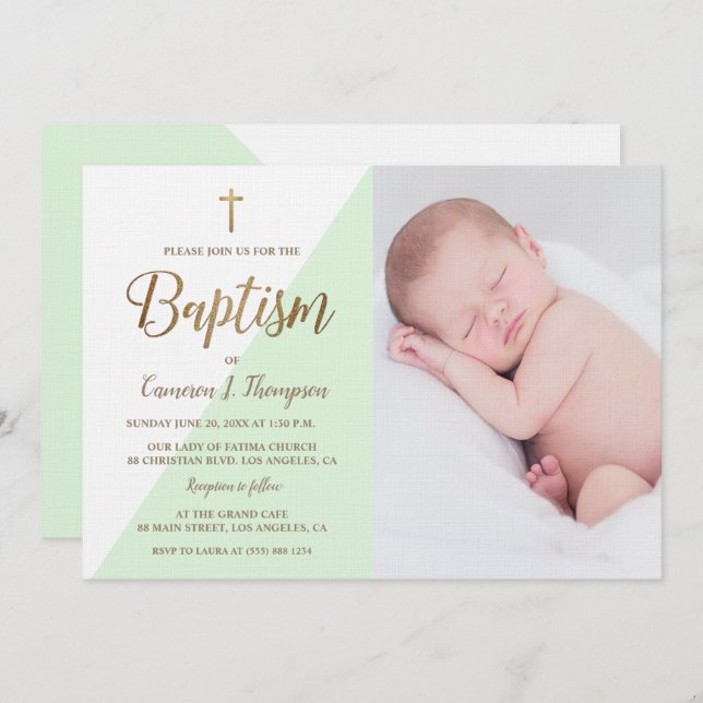 Personalised Green White Gold Baptism baby photo Invitation (Front/Back)