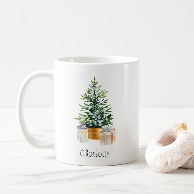 Personalised Green White Minimal Christmas Tree  Coffee Mug (With Donut)