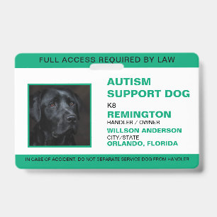 Personalised green White Service Dog Photo ID Badge