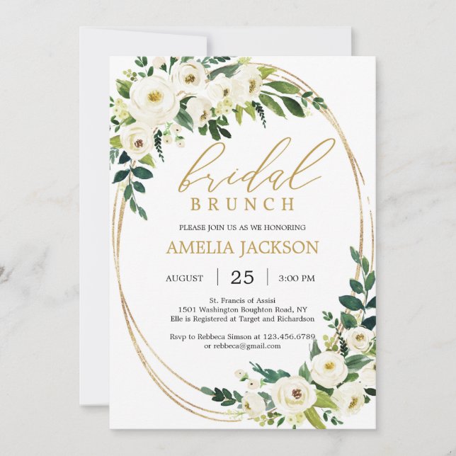 Personalised greenery and gold bridal brunch invitation (Front)