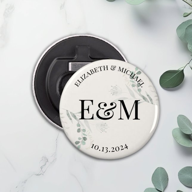 Personalised Greenery Branch Wedding Favour Button Bottle Opener (Creator Uploaded)