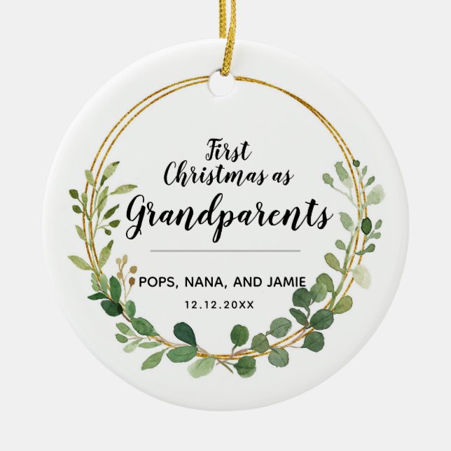 Personalised Greenery Christmas as Grandparents Ceramic Tree Decoration (Front)