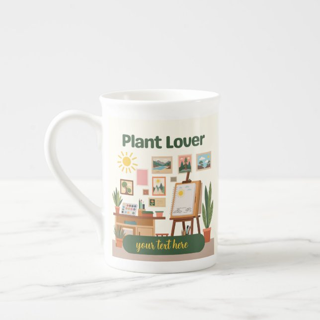 Personalised Greenery & Creative Workspace Design Bone China Mug (Left)