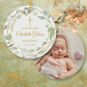 Personalised Greenery Gold Boy Girl Baptism Photo Ceramic Tree Decoration