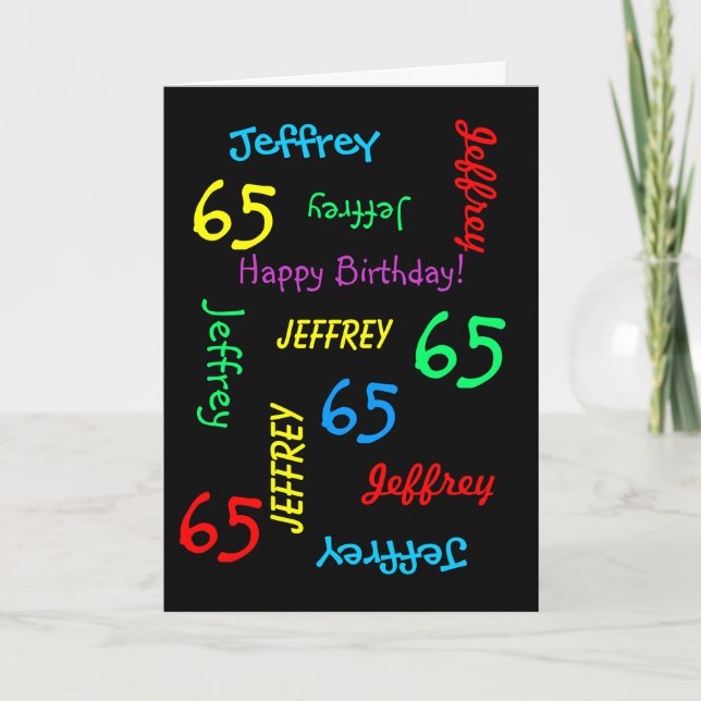 Personalised Greeting Card, Black, 65th Birthday Card (Front)