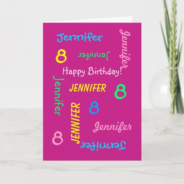 Personalised Greeting, Name, 8th Birthday, Pink Card (Front)
