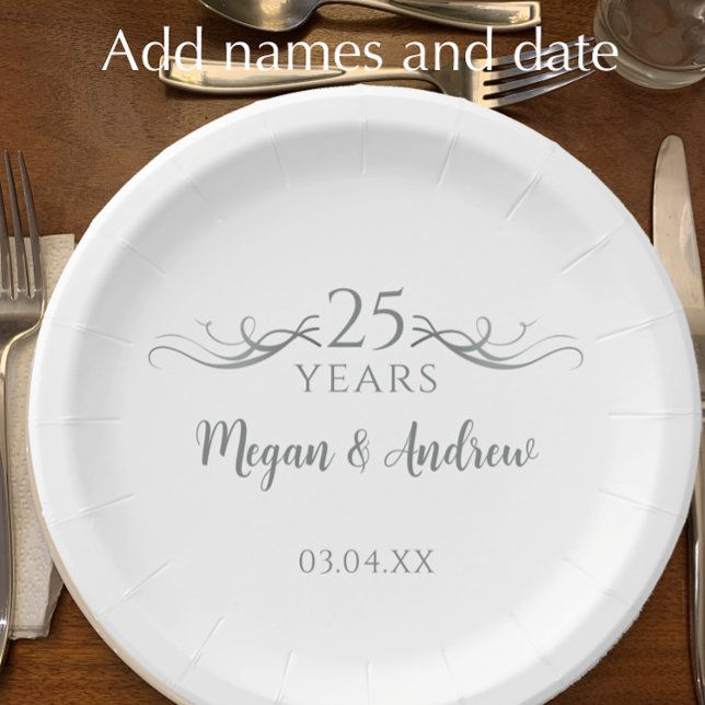 Personalised Grey 25th Wedding Anniversary Party Paper Plate (Elegant personalized silver 25th wedding anniversary party paper plates.
)