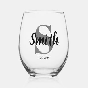 Personalised Grey and Black Family Monogram Stemless Wine Glass