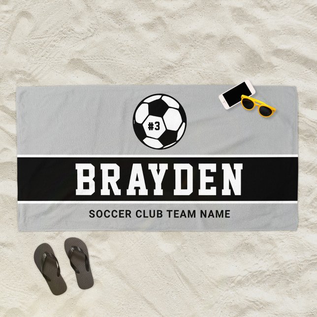 Personalised Grey and Black Soccer Player Name Beach Towel (Creator Uploaded)