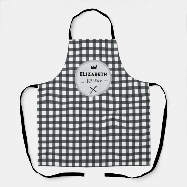 Personalised Grey and White Buffalo Plaid Kitchen Apron (Front)