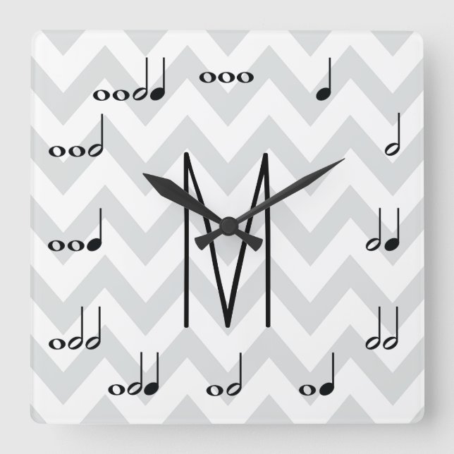 Personalised Grey and White Chevron Musical Notes Square Wall Clock (Front)
