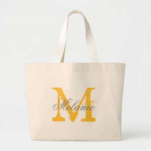 Personalised grey and yellow monogram tote bags