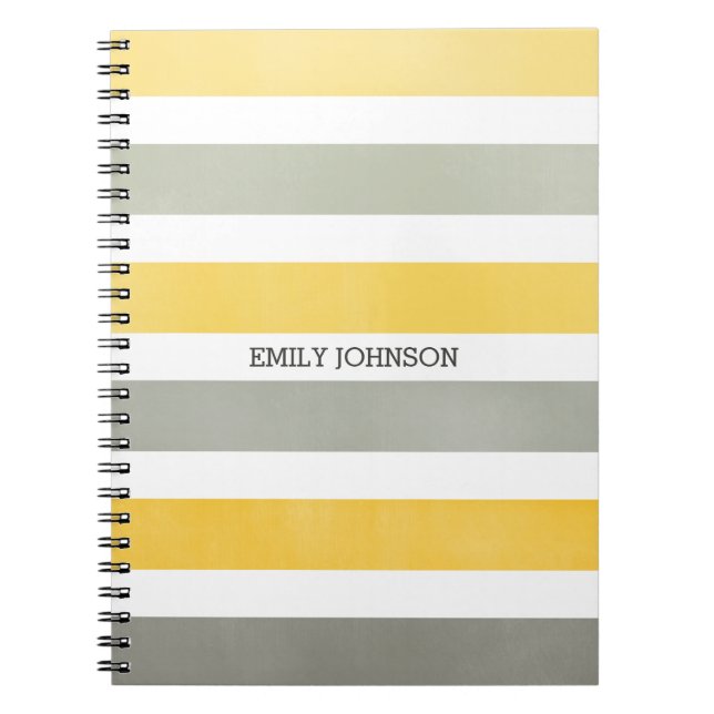 Personalised Grey and Yellow Wide Stripes Pattern Notebook (Front)