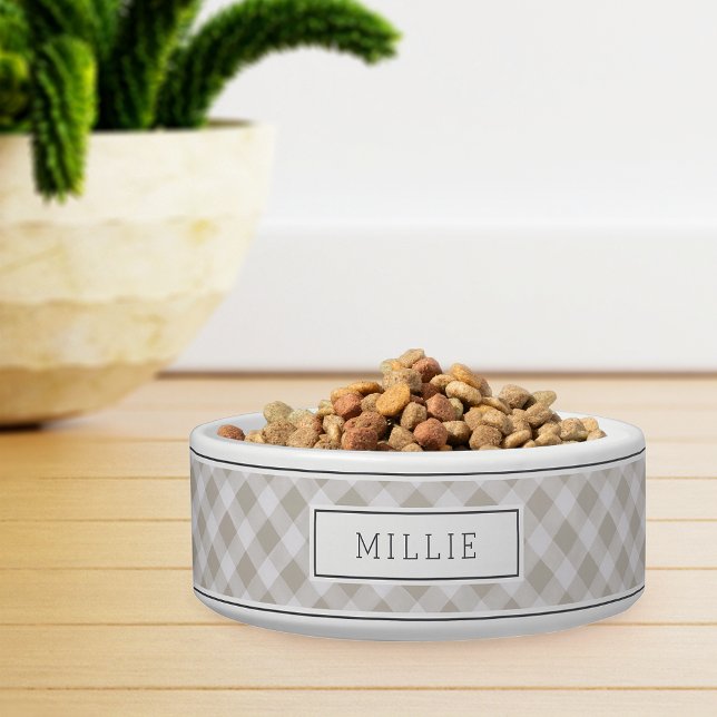 Personalised Grey Beige Farmhouse Style Plaid Pet Bowl (Creator Uploaded)