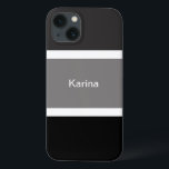 Personalised Grey Black And White Stripes Stylish iPhone 13 Case<br><div class="desc">You'll love this modern,  chic and stylish cell phone case with a grey,  black and white stripe pattern. Large black and grey stripes with small white stripes. Personalised with your name printed in a white text.</div>