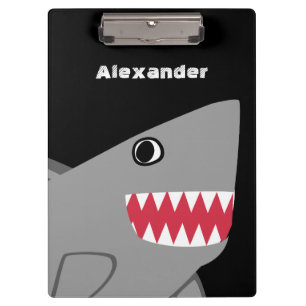 Personalised Grey Black Cartoon Cute Shark Kids Clipboard