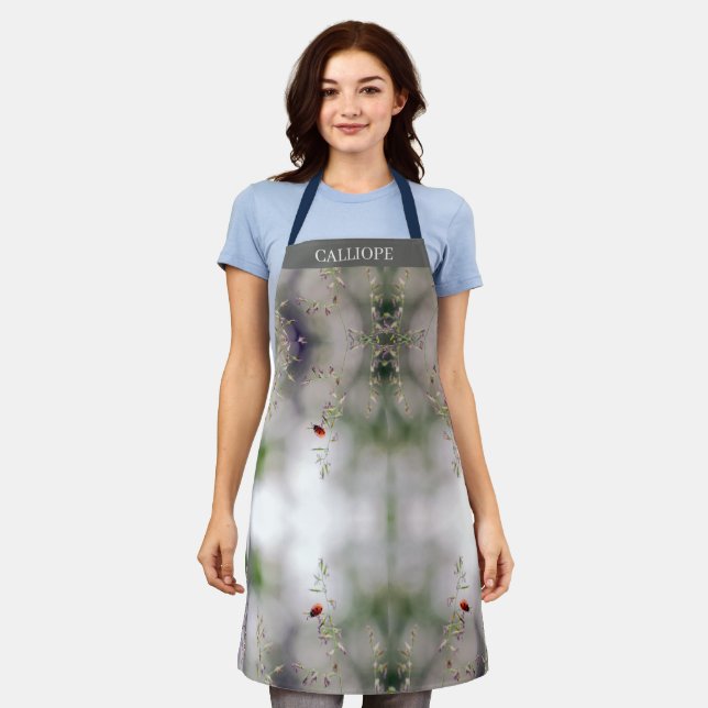 Personalised Grey, Black, White w/ Tiny Red Floral Apron (Worn)