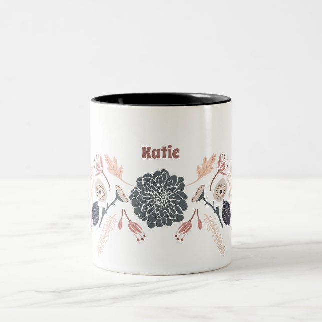 Personalised Grey Blue Peach Floral With Name Two-Tone Coffee Mug (Center)