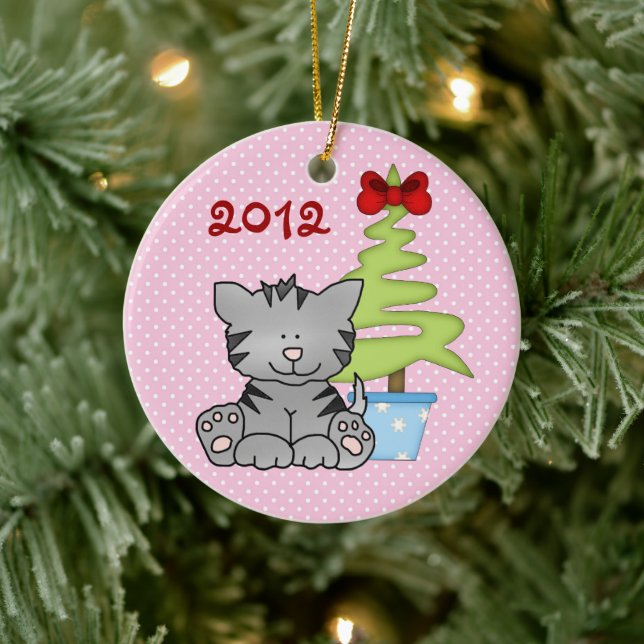 Personalised Grey Cat on Pink Baby's 1st Christmas Ceramic Tree Decoration (Tree)