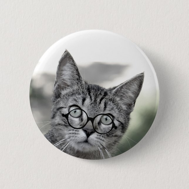Personalised Grey Cat with Glasses Button (Front)