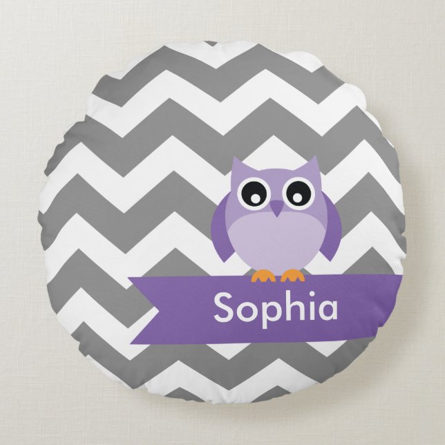 Personalised Grey Chevron Purple Owl Round Cushion (Front)