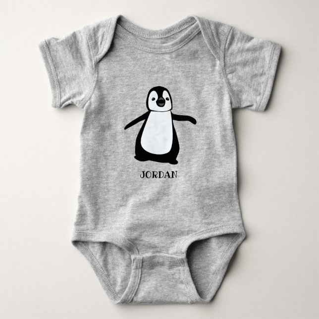 Personalised grey cute penguin illustration baby bodysuit (Front)