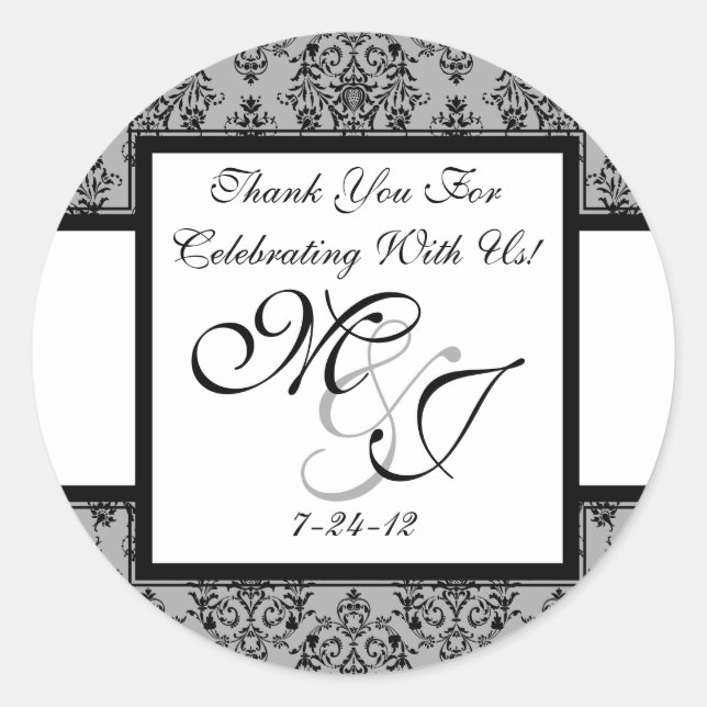Personalised Grey Damask Wedding Favour Labels (Front)