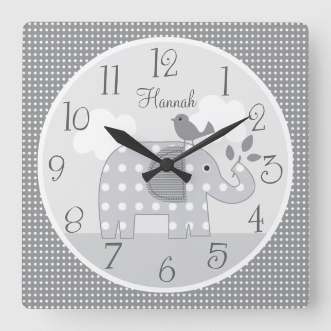 Personalised Grey Dot Elephant Nursery Baby Clock (Front)
