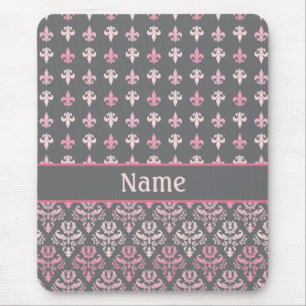 Personalised Grey Fleur de Lis Damask Mousepad