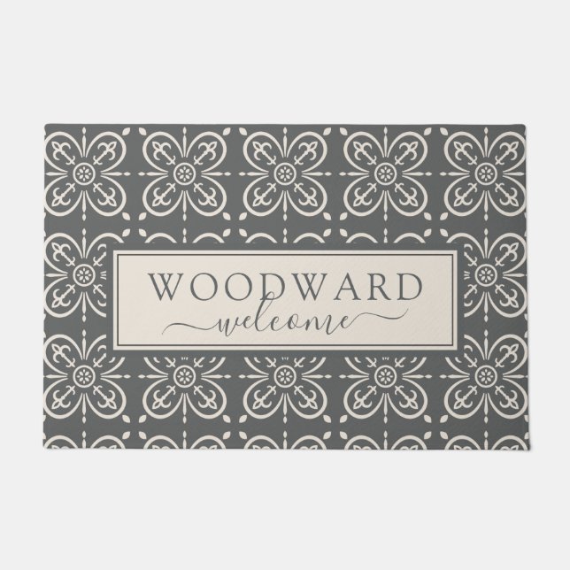 Personalised Grey Geometric Tile Pattern Welcome Doormat (Front)