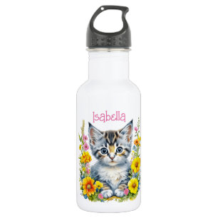 Personalised Grey Kitten and Flowers Watercolor 532 Ml Water Bottle