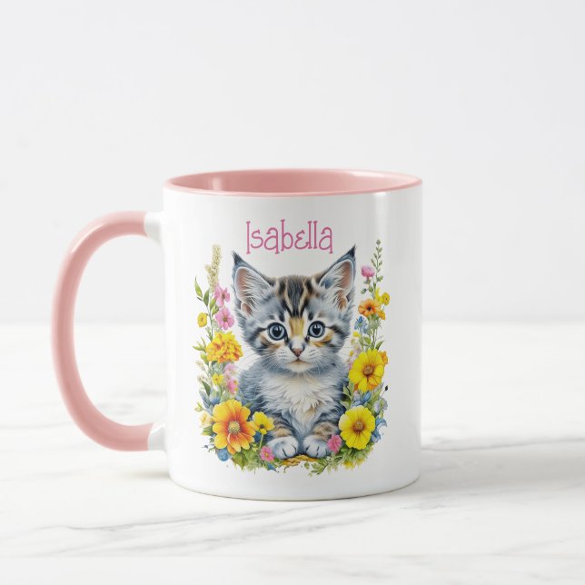 Personalised Grey Kitten and Flowers Watercolor Mug (Left)
