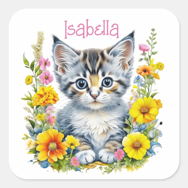 Personalised Grey Kitten and Flowers Watercolor Square Sticker (Front)
