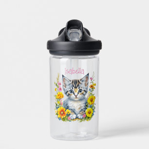 Personalised Grey Kitten and Flowers Watercolor Water Bottle