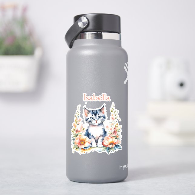 Personalised Grey Kitten in Pink Flowers (HydroFlask)