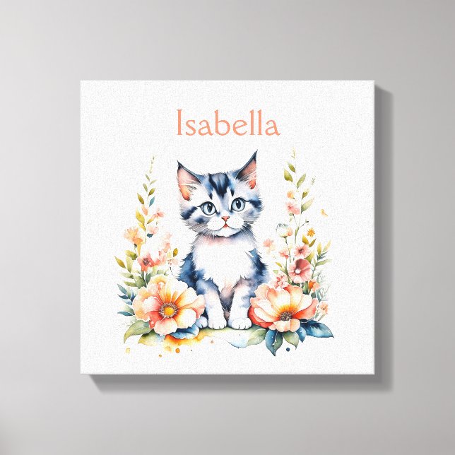 Personalised Grey Kitten in Pink Flowers Canvas Print (Front)