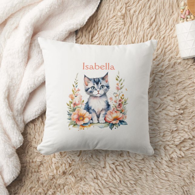 Personalised Grey Kitten in Pink Flowers Cushion (Blanket)