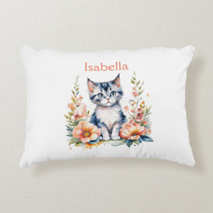Personalised Grey Kitten in Pink Flowers Decorative Cushion