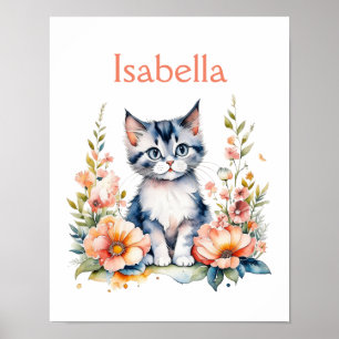 Personalised Grey Kitten in Pink Flowers Poster