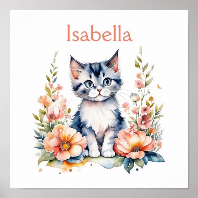Personalised Grey Kitten in Pink Flowers Poster (Front)