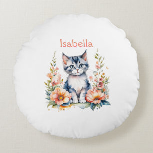 Personalised Grey Kitten in Pink Flowers Round Cushion