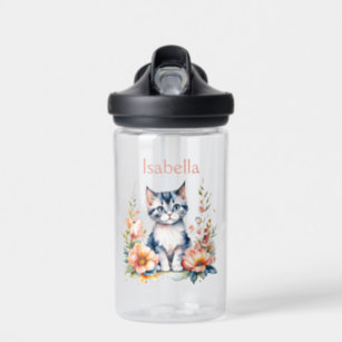 Personalised Grey Kitten in Pink Flowers Water Bottle