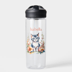Personalised Grey Kitten in Pink Flowers Water Bottle