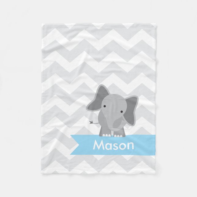 Personalised Grey Light Blue Chevron Elephant Fleece Blanket (Front)
