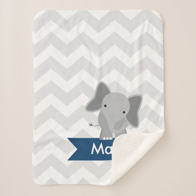 Personalised Grey Navy Blue Chevron Elephant Sherpa Blanket (Front)