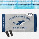 Personalised Grey Navy Swim Team Swimmer Name Beach Towel<br><div class="desc">Personalised swim team pool towel design for swimmers features custom text for the swimmer's first and last name, swim team club name, and mascot or other text. Add your team logo to the dolphin placeholder image. The colour scheme of grey, navy blue and white can be modified to coordinate with...</div>