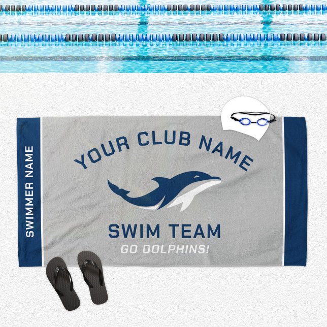 Personalised Grey Navy Swim Team Swimmer Name Beach Towel (Creator Uploaded)